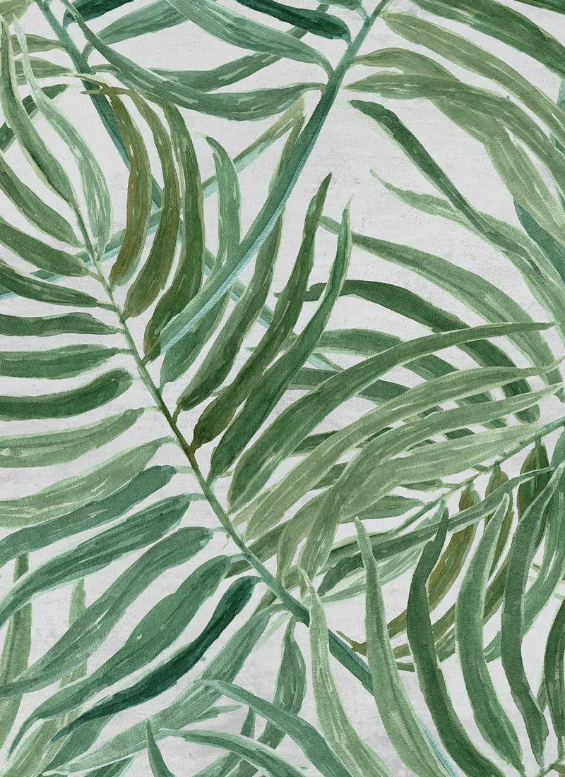 Wallpaper sample featuring a botanical design of tropical palm fronds in varying shades of forest green, sage green, and olive green painted in watercolor style on a cream white background. Multiple overlapping palm leaves radiate outward in a naturalistic arrangement, with visible brushstrokes and subtle color variations creating depth and movement. The composition fills the entire frame with an organic, hand-painted appearance.