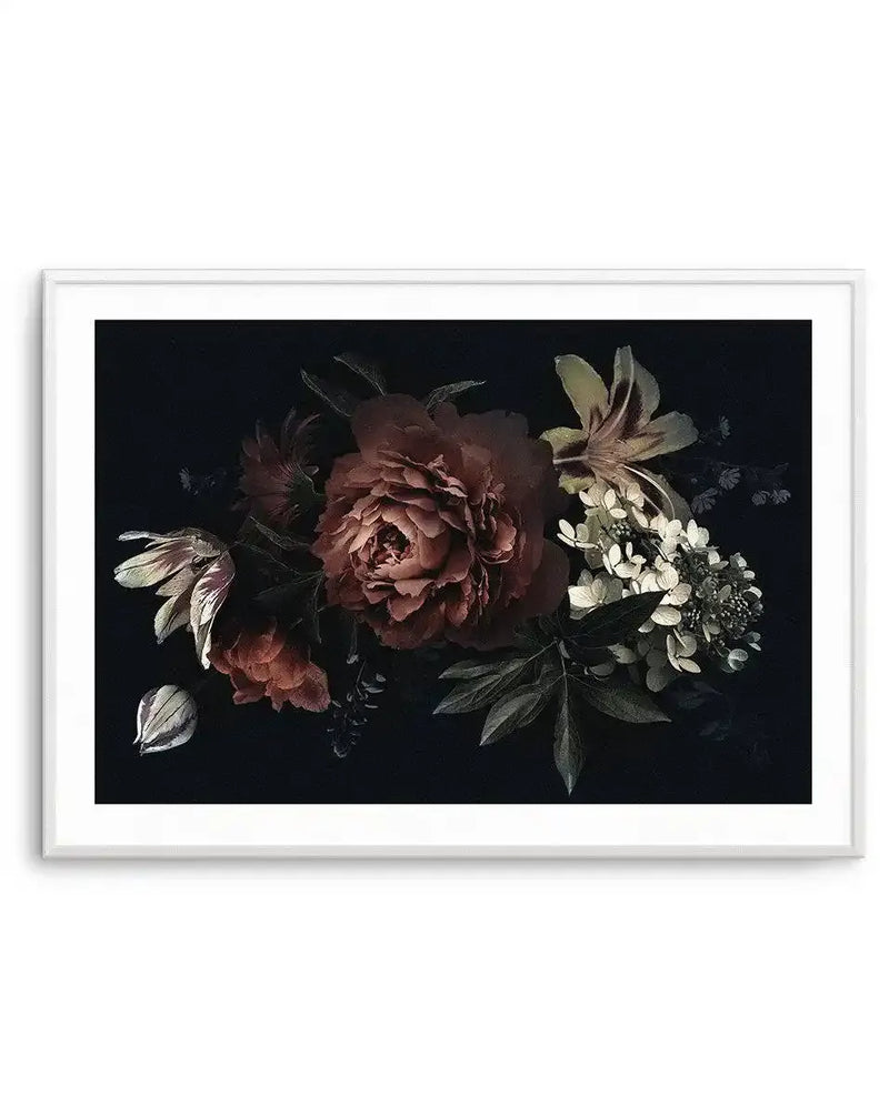 Framed art print featuring a dark and moody botanical illustration of a floral arrangement on a black background, displayed in a white frame with a white border. The arrangement includes a large, central peony in deep burgundy and muted rose tones, surrounded by smaller flowers and leaves in shades of cream, pale green, and dark red, with visible brushstroke texture.