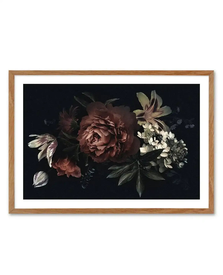 Art print featuring a dark and moody botanical illustration of a floral arrangement with deep reddish-brown peonies, light-colored lilies, and white hydrangeas, set against a dark, almost black background, displayed in a natural oak frame with white border.