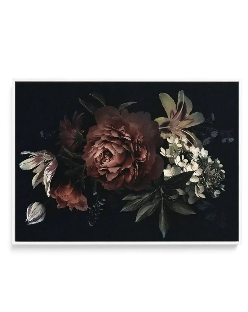 Gallery-wrapped canvas print featuring a dark and moody botanical illustration of a floral arrangement on a black background. The composition includes a large central peony in deep burgundy and muted rose tones, surrounded by smaller flowers and foliage in shades of cream, pale green, and dark olive. The illustration has a painterly quality with visible brushstroke texture, creating a dramatic and elegant aesthetic.