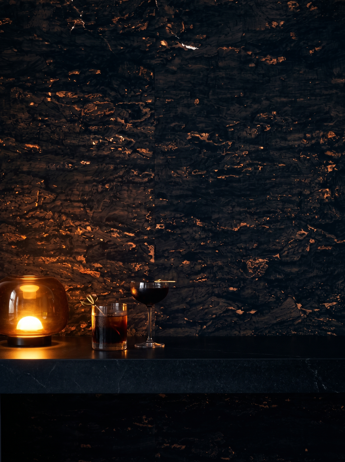 midnight copper cork wallpaper bar wallcovering