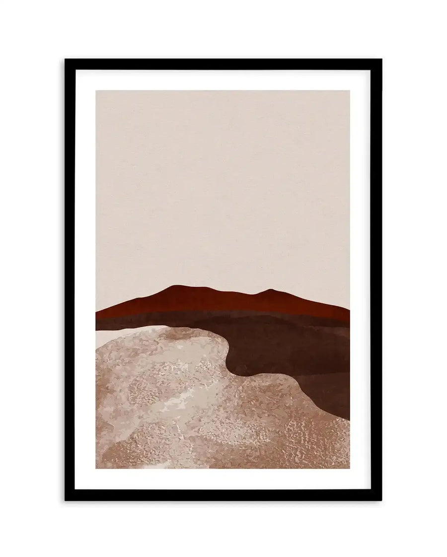 Abstract art print featuring a minimalist desert landscape with a deep reddish-brown mountain range under a pale beige sky, above a textured foreground of light and dark brown tones, framed in black with a white border.