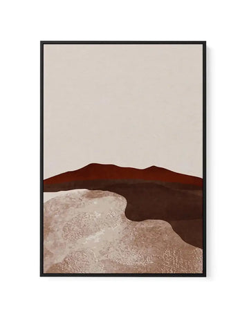 Framed canvas art print titled Midnight Desert II featuring a minimalist landscape composition. The artwork depicts layered desert terrain with a pale beige textured foreground suggesting sandy ground, a deep burgundy-brown middle band representing rolling hills or dunes, and a warm taupe sky above. A thin dark horizontal ridge creates definition between the landscape layers. The canvas is mounted in a thin black frame with clean lines, displayed against a neutral background.