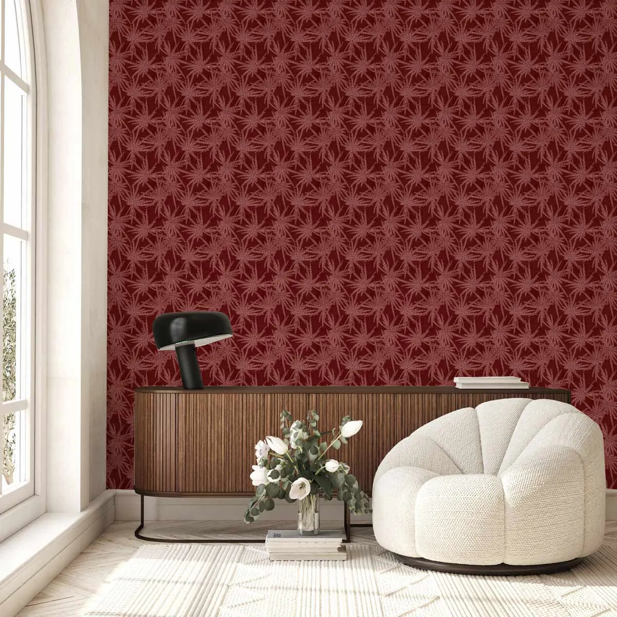Mikas Deep Crimson Red Wallpaper from Olive et Oriel where you can shop wallpaper and artworks online