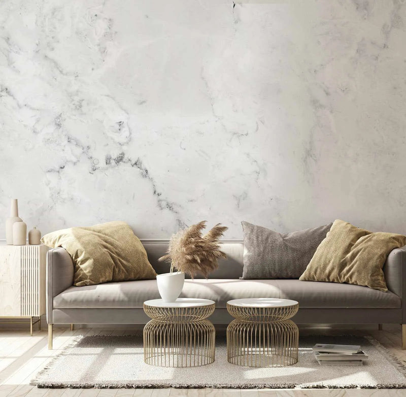Modern white and grey marble wallpaper displayed on a living room wall behind a grey upholstered sofa. The wallpaper features a veined marble pattern with soft grey veining throughout a predominantly white background, creating a natural stone texture. The wallpaper is shown in a styled interior with gold and cream accent pillows, woven brass side tables, a neutral area rug, and decorative accessories, demonstrating the product's sophisticated, minimalist aesthetic.