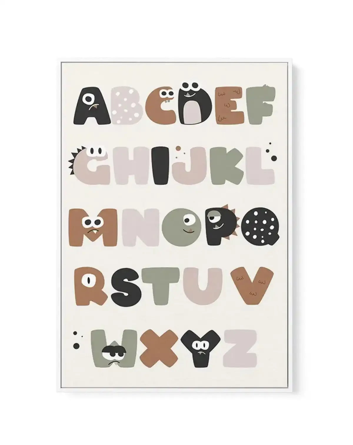 Monster Alphabet | Beige | Framed Canvas-CANVAS-You can shop wall art online with Olive et Oriel for everything from abstract art to fun kids wall art. Our beautiful modern art prints and canvas art are available from large canvas prints to wall art paintings and our proudly Australian artwork collection offers only the highest quality framed large wall art and canvas art Australia - You can buy fashion photography prints or Hampton print posters and paintings on canvas from Olive et Oriel and h