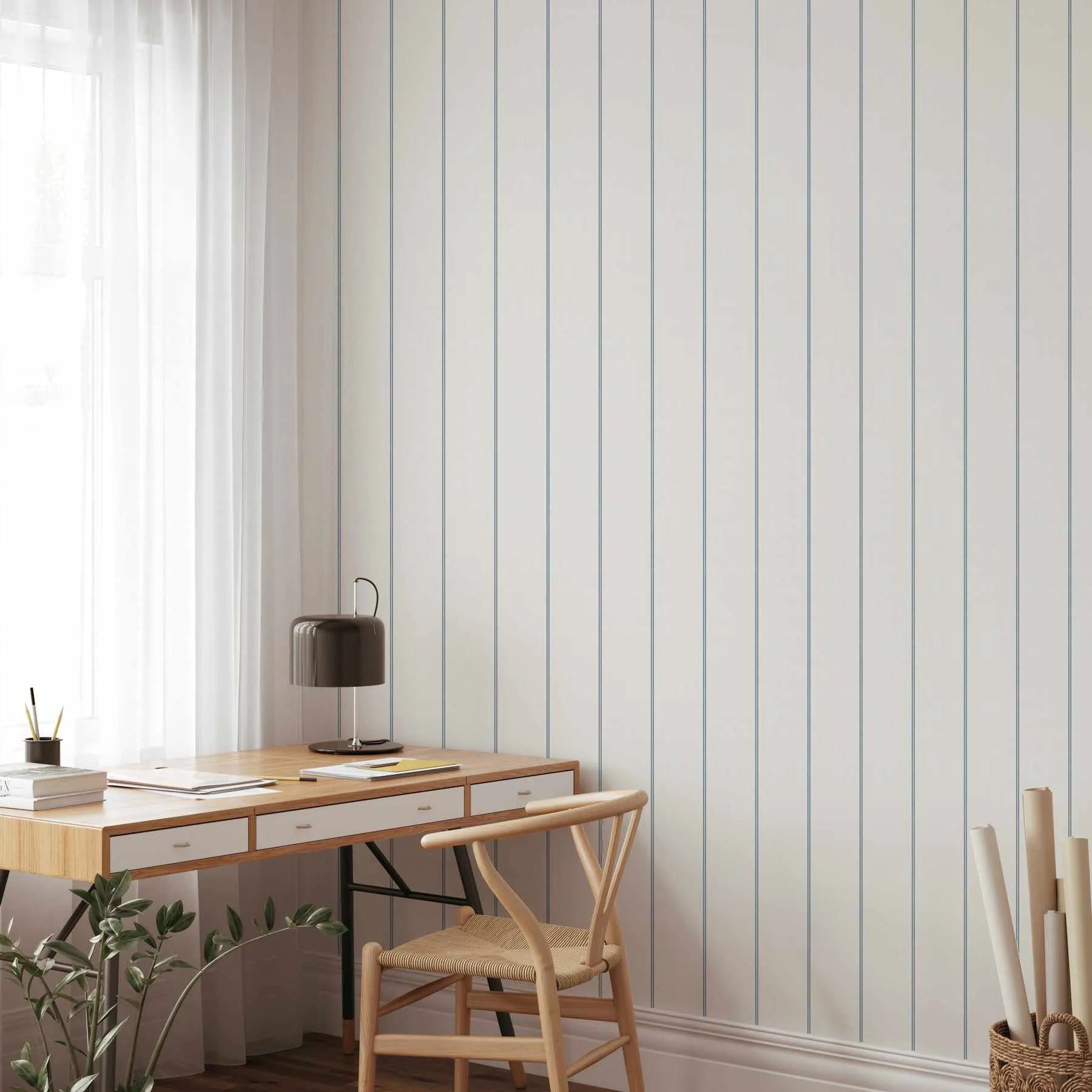Double Stripe Wallpaper In Navy from Olive et Oriel where you can shop wallpaper and artworks online