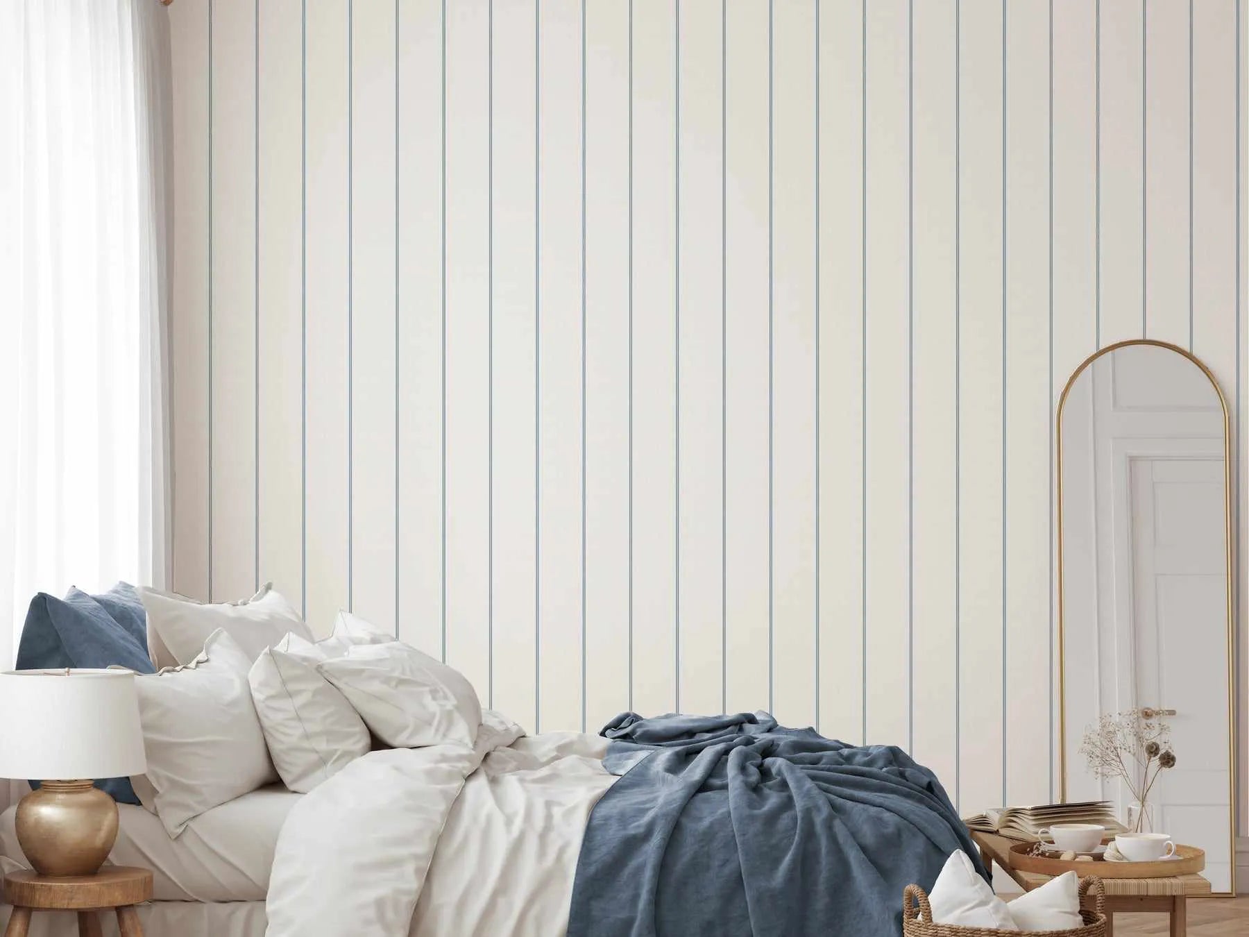 Double Stripe Wallpaper In Navy from Olive et Oriel where you can shop wallpaper and artworks online