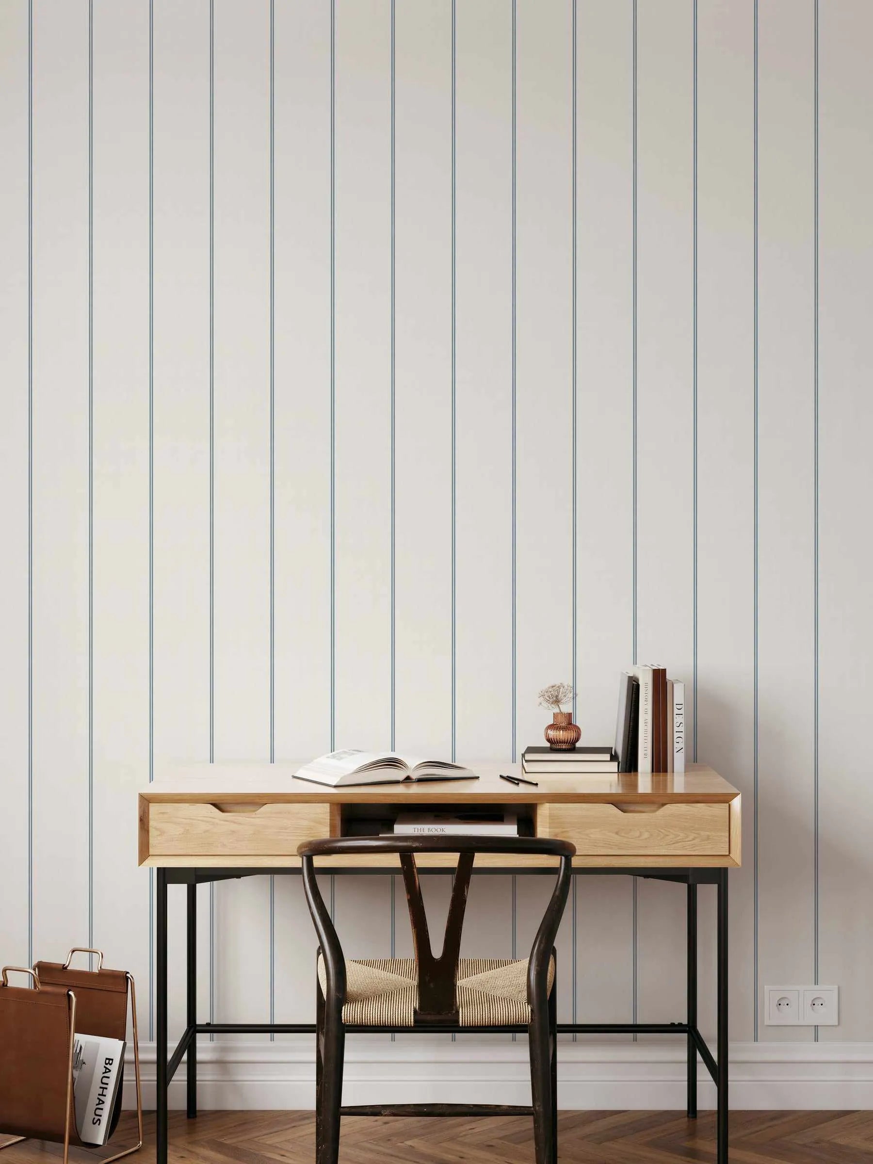 Double Stripe Wallpaper In Navy from Olive et Oriel where you can shop wallpaper and artworks online