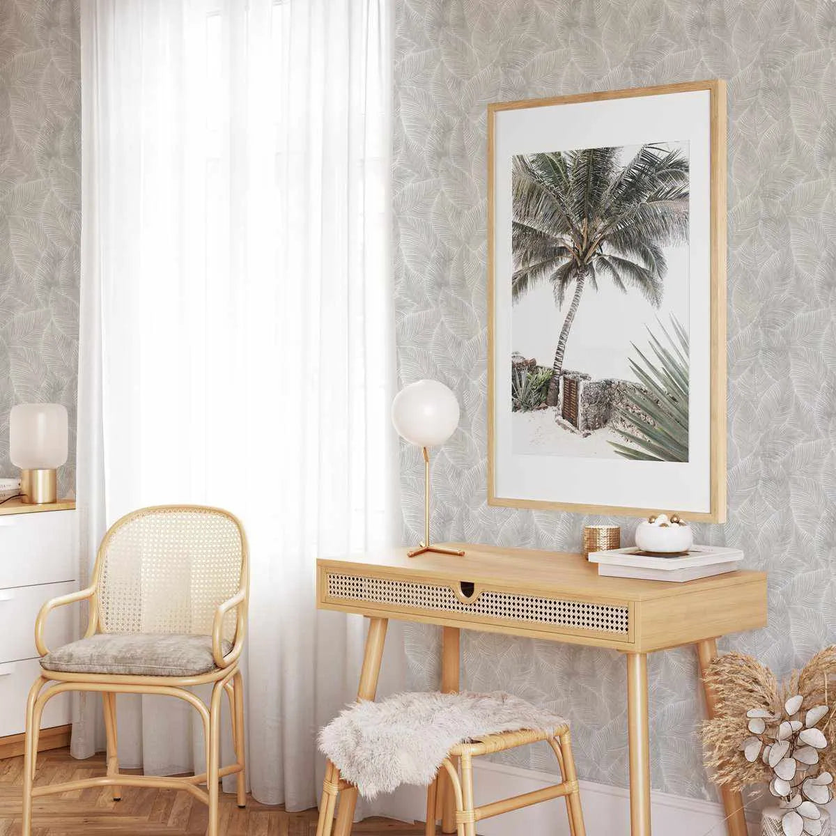 Neutral Leaves Wallpaper in Grey art print