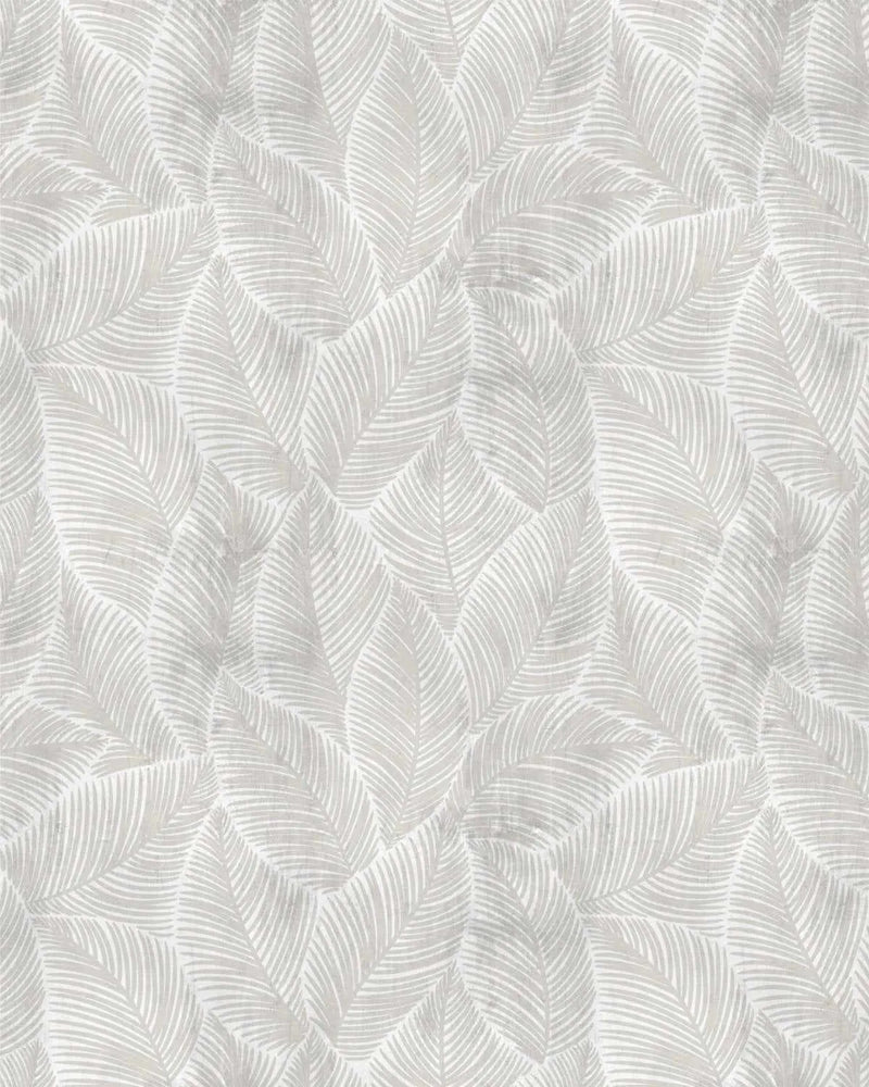 Neutral Leaves Wallpaper displaying an all-over repeating pattern of stylized feather or palm leaf shapes in cream, beige, and soft gray tones. The leaves feature fine linear striations throughout, creating a textured, hand-drawn appearance. The leaves are arranged in an overlapping, interlocking composition that creates subtle depth and movement across the surface. The overall effect is sophisticated and botanical with a matte, woven-like finish in a neutral, monochromatic color palette.