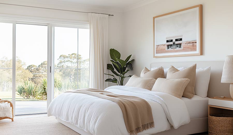 Minimalist building close-up in muted neutral shades, fine art photography print for coastal or boho styling