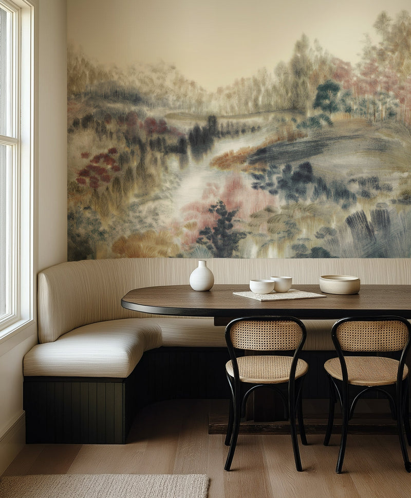 Noir Panorama Hand Painted Landscape Mural Wallpaper from Olive et Oriel where you can shop wallpaper and artworks online