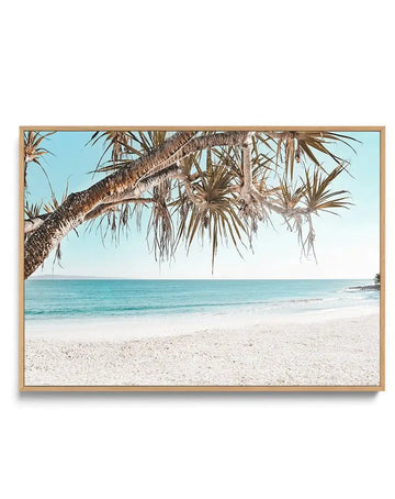 Framed canvas art print titled Noosa Days LS featuring a tropical beach scene. A gnarled palm tree branch with textured bark and wispy fronds extends across the top left, framing a serene coastal view. Below is a pristine white sand beach meeting turquoise water under a clear, pale blue sky. The photograph has warm, sun-bleached tones with natural lighting suggesting midday. The canvas is mounted in a natural wood frame with visible wood grain texture. Horizontal landscape orientation.