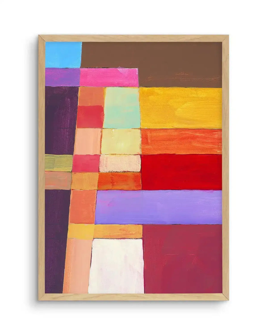 Abstract art print featuring a grid-like composition of various sized rectangles and squares in a vibrant palette of colours, including sky blue, hot pink, deep purple, orange, yellow, red, light green, and white, with visible brushstroke texture, displayed in a natural wood frame.