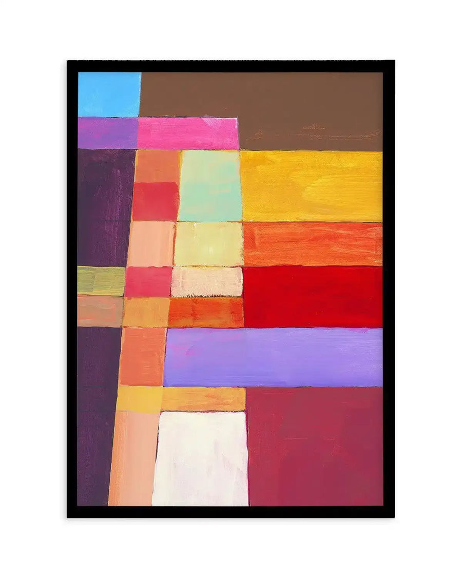 Abstract art print featuring a grid-like composition of rectangular and square blocks in various sizes and vibrant colours, including sky blue, dark brown, purple, hot pink, mint green, golden yellow, orange, red, lavender, peach, and white, with visible oil paint brushstroke texture, displayed in a black frame.