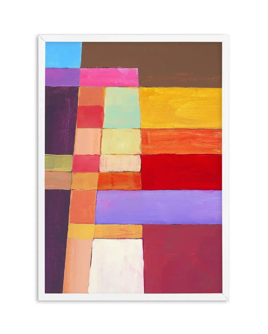 Abstract art print featuring a grid-like composition of various sized rectangles and squares in a vibrant palette, suggestive of a patchwork or stained glass. The colours include bright sky blue, deep brown, hot pink, purple, dark plum, peach, mint green, pale yellow, bright orange, vivid red, lavender, and a deep maroon, with visible brushstroke texture throughout. The print is displayed in a white frame with a white border.