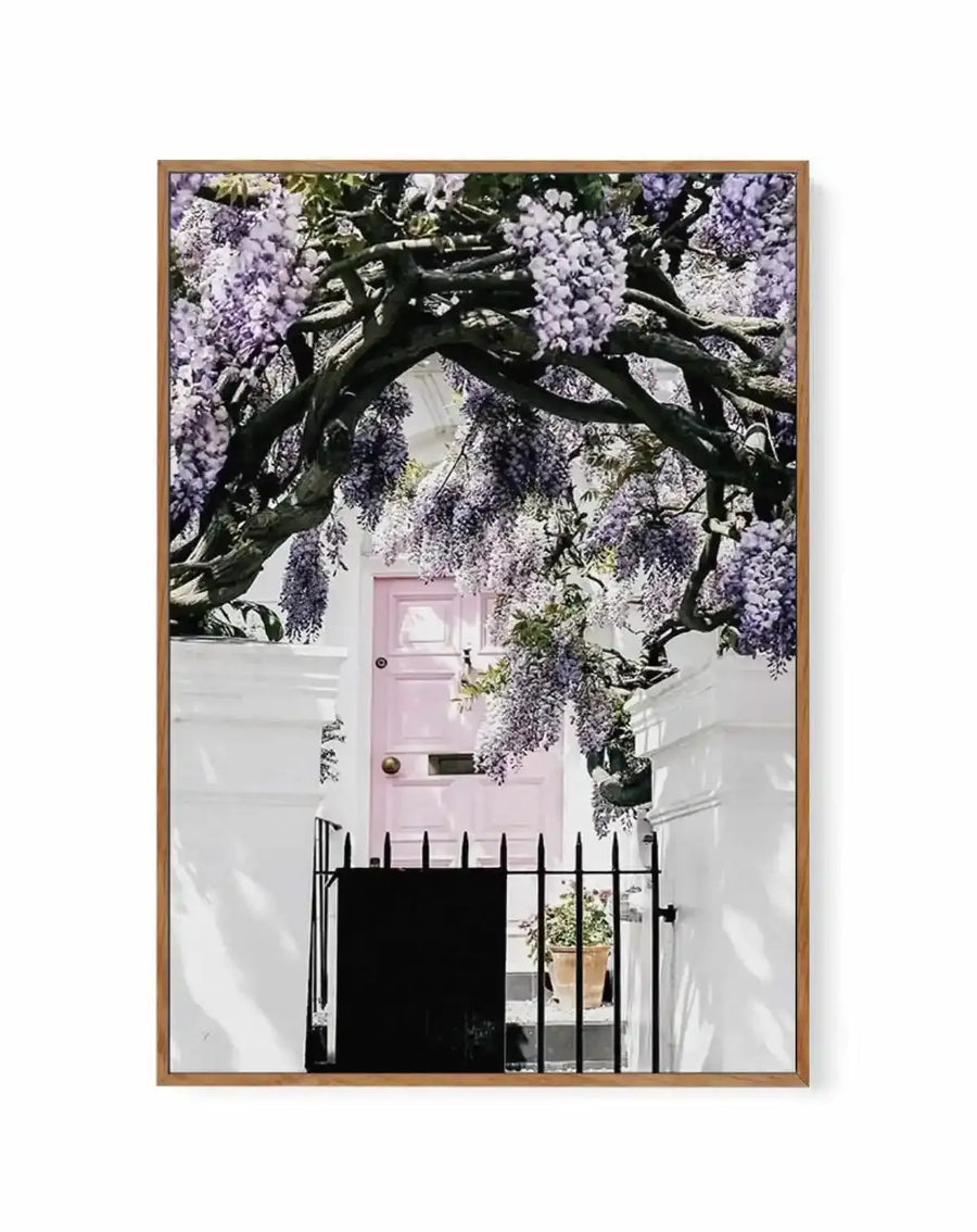 Framed canvas art print featuring a photograph of a white townhouse with a dusty rose pink door, black iron fence, and white-painted walls. A gnarled dark tree branch laden with cascading purple wisteria flowers frames the top of the composition. The scene captures a classic London street aesthetic with soft natural light. The canvas is mounted in a natural wood frame with a white border.