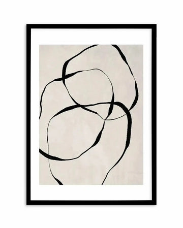 Abstract art print featuring bold, free-flowing black lines forming interconnected organic shapes on a textured off-white background, displayed in a black frame with a white border.