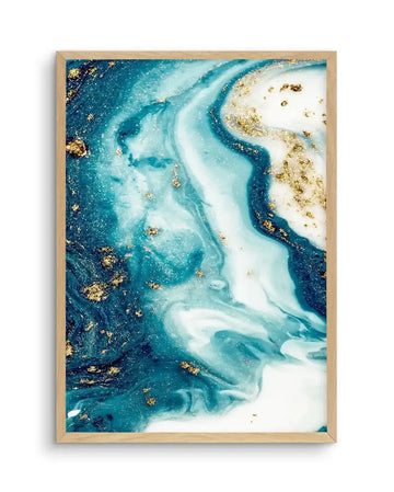 Abstract art print featuring swirling patterns of deep teal, bright turquoise, and white, interspersed with shimmering gold flecks, creating a dynamic fluid composition suggestive of ocean currents or marbled stone, displayed in a natural oak frame with white border.
