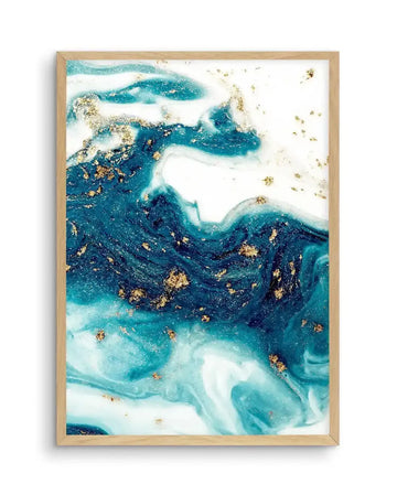 Abstract art print featuring swirling fluid patterns in deep teal, turquoise, and white, accented with shimmering gold flakes, creating a dynamic composition suggestive of ocean waves or marble, displayed in a natural oak frame with white border.