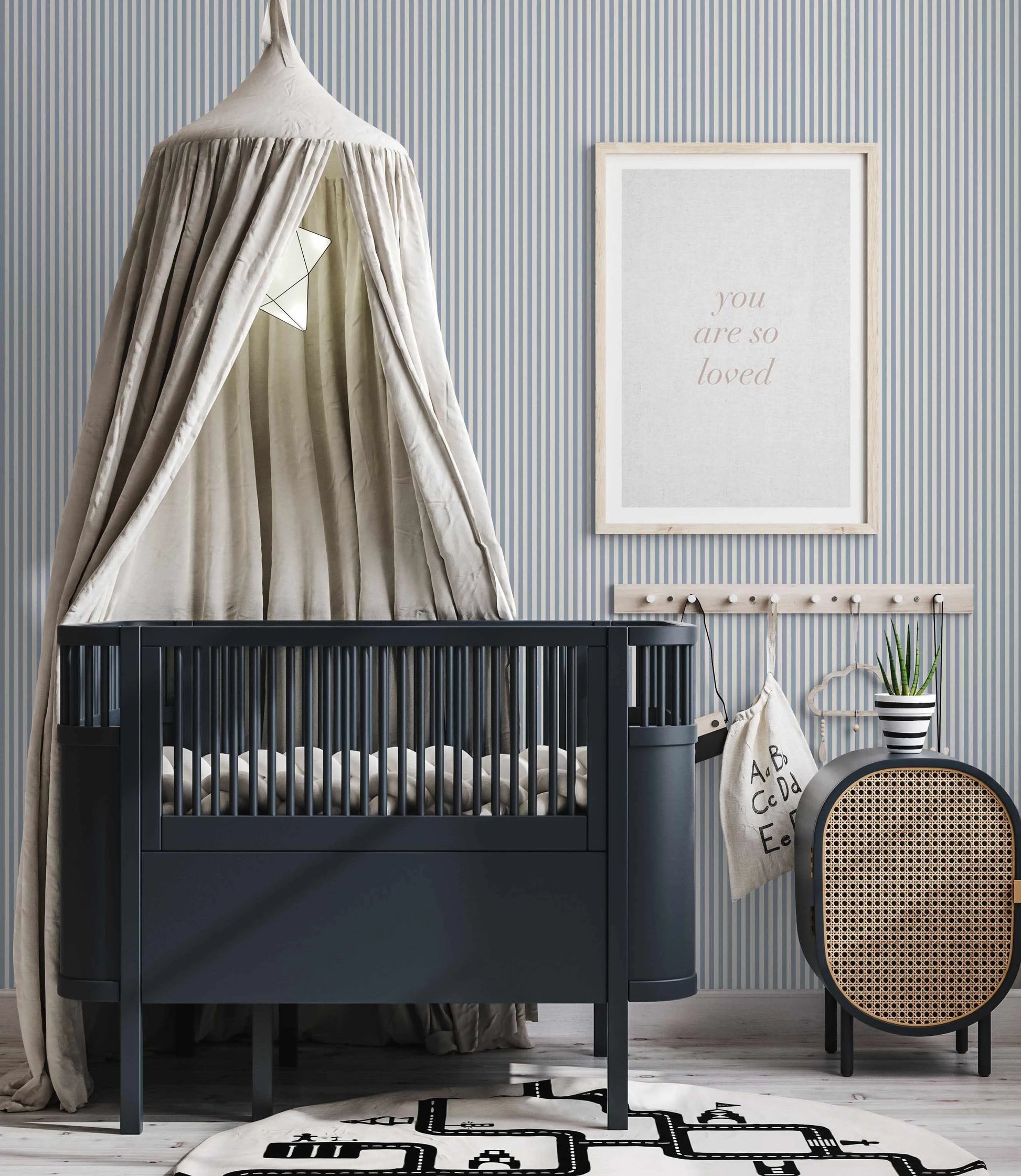 Petite Stripe In Ocean Wallpaper from Olive et Oriel where you can shop wallpaper and artworks online