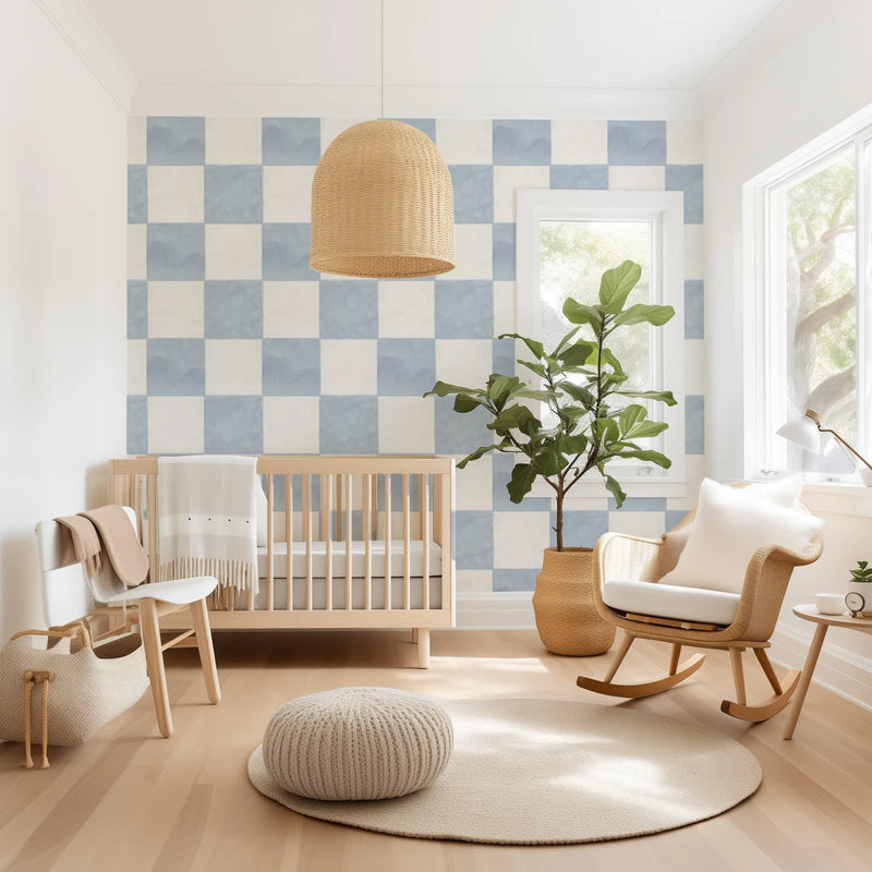 Ocean Check Wallpaper from Olive et Oriel where you can shop wallpaper and artworks online