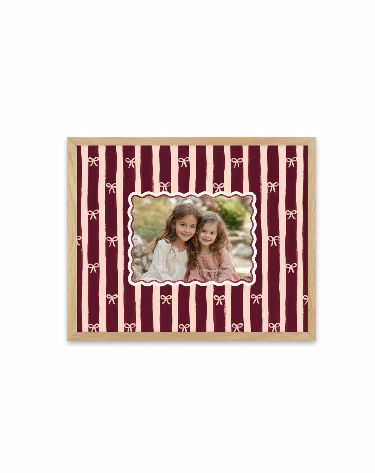 Burgundy Bows custom photo framed art print in a solid timber frame with oak finish