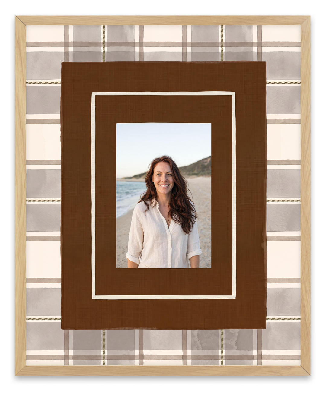 Chocolate Check personalised photo print example in the standard oak finish acrylic frame