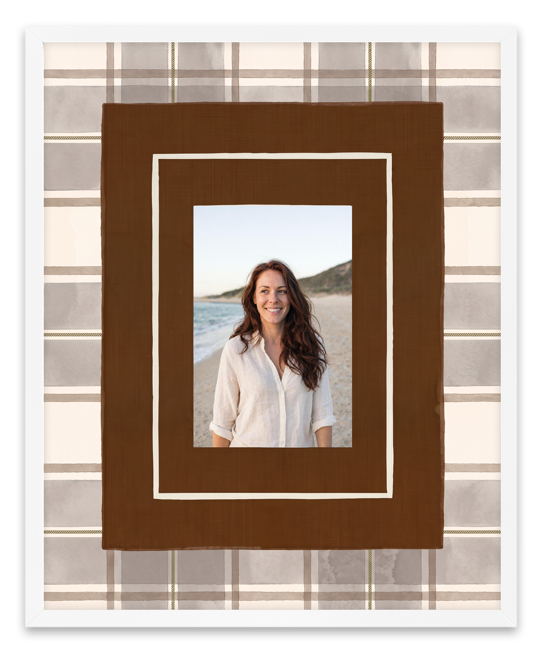 Chocolate Check personalised photo print example in the standard white finish acrylic frame