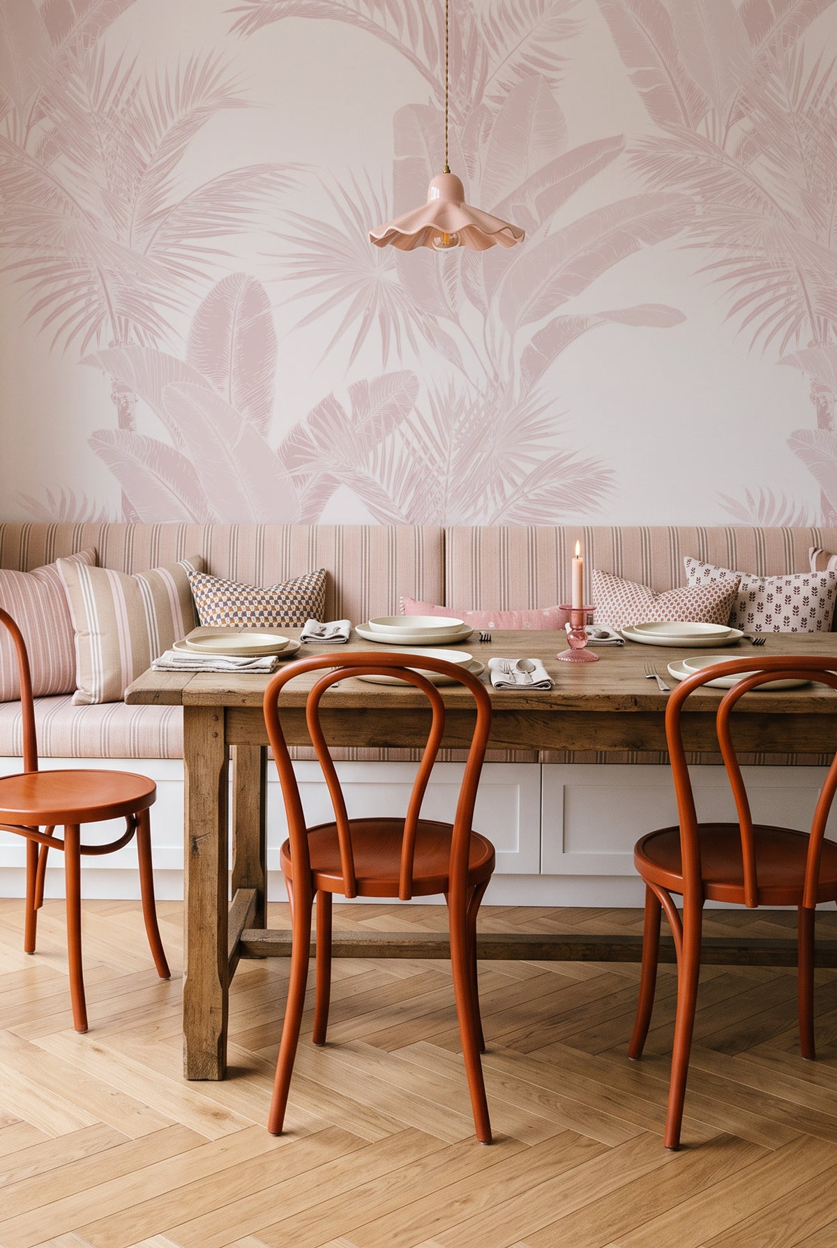 Pink tropical wallpaper colour visualisation in a dining nook