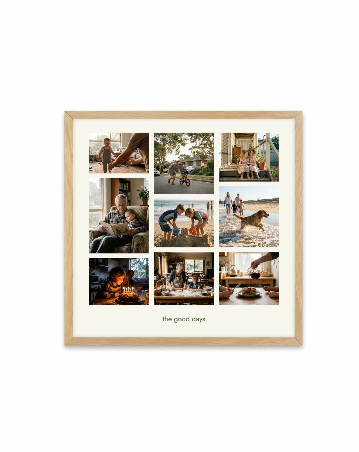 Everyday Stories | Personalised Photo Collage collection hero in the authentic Olive et Oriel acrylic frame with oak finish