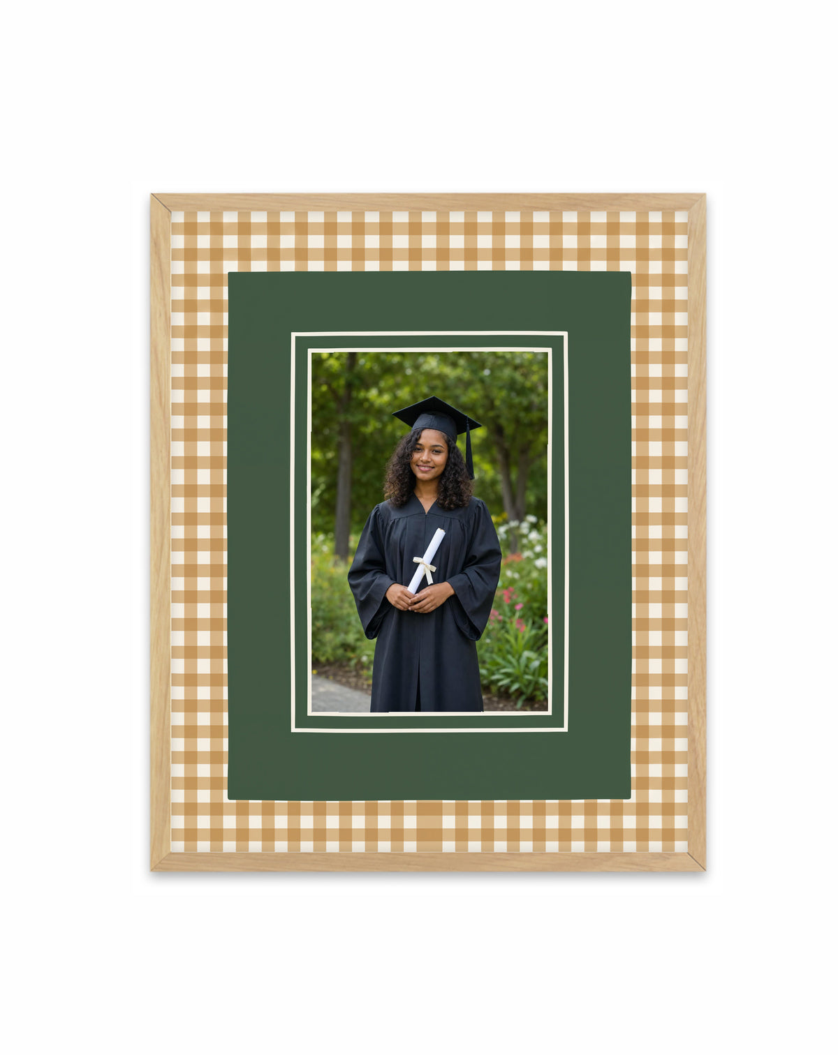 Golden Gingham custom photo framed art print in a solid timber frame with oak finish