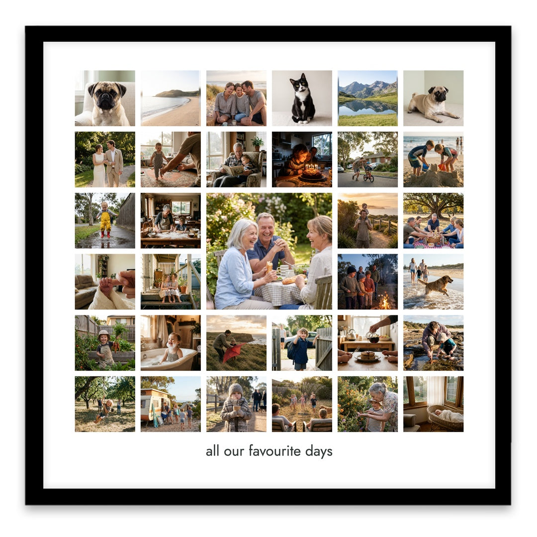 A Life in Pictures collage with 33 different photos in the standard black finish acrylic frame