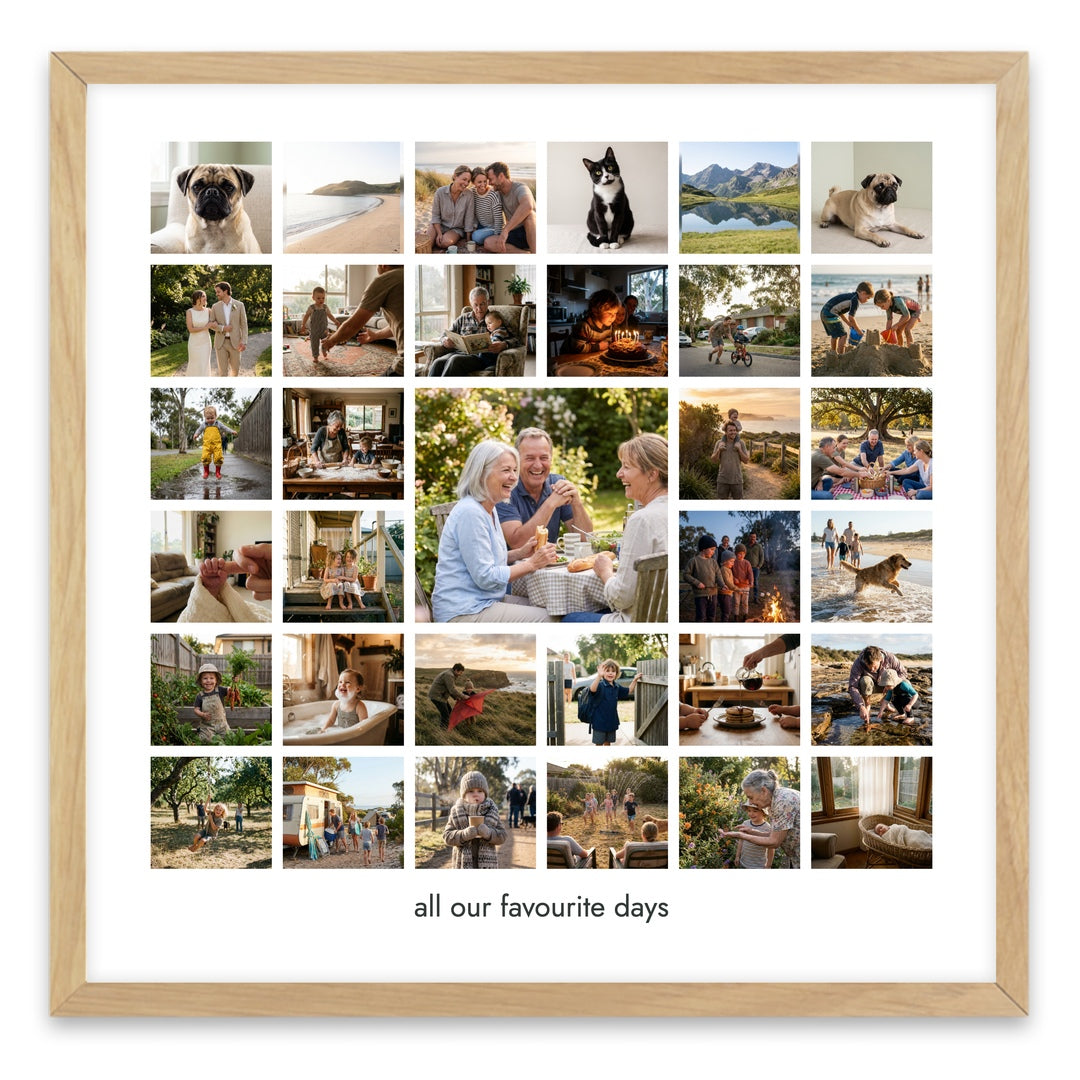 A Life in Pictures collage with 33 different photos in the standard oak finish acrylic frame