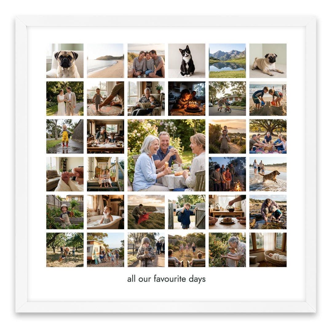 A Life in Pictures collage with 33 different photos in the standard white finish acrylic frame