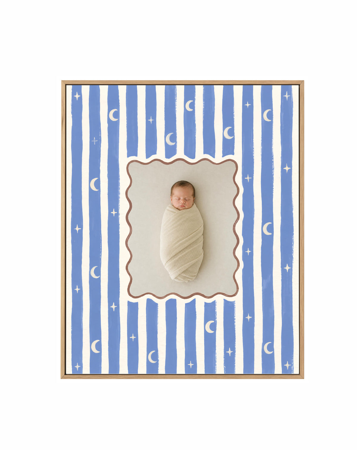 Moonbeam custom photo framed canvas in a solid timber frame with oak finish