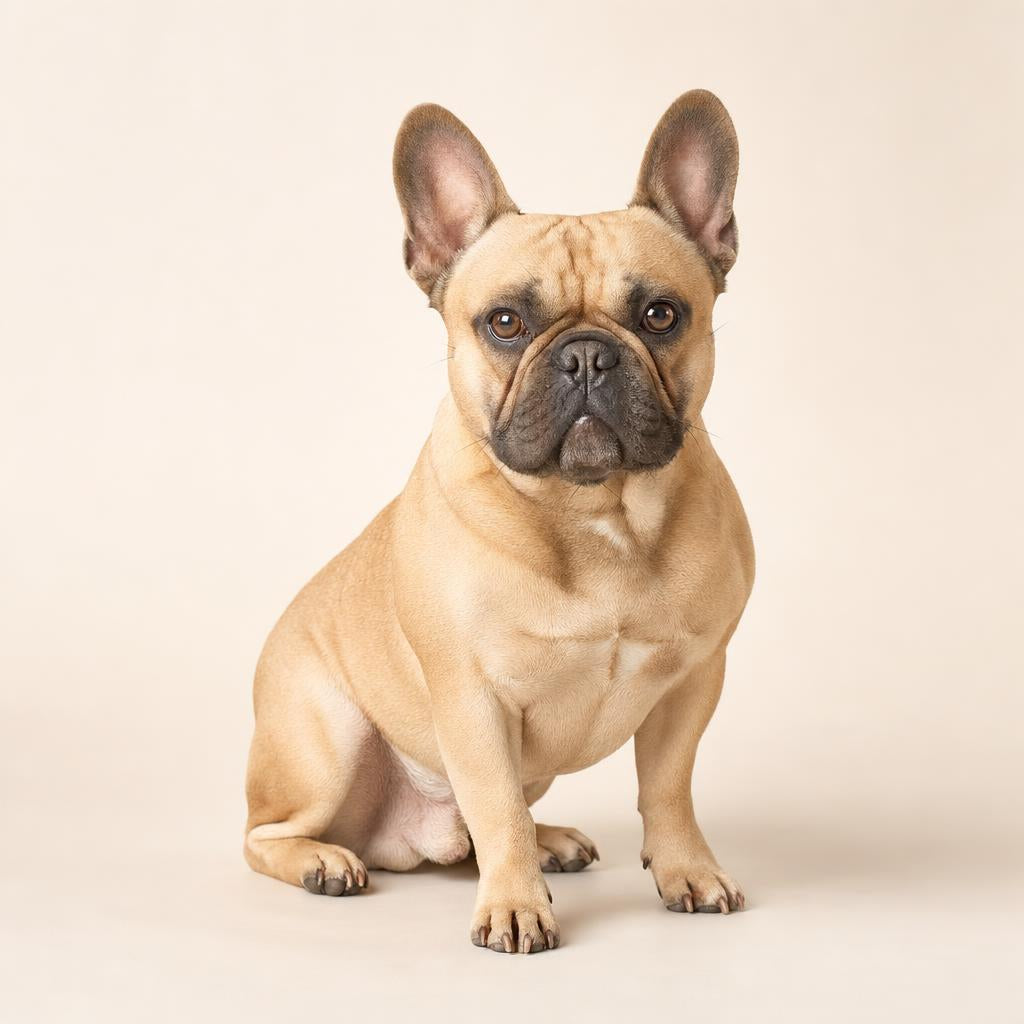 Original OEO-generated beige French bulldog photo for Playful Check. Example image, not a customer upload.