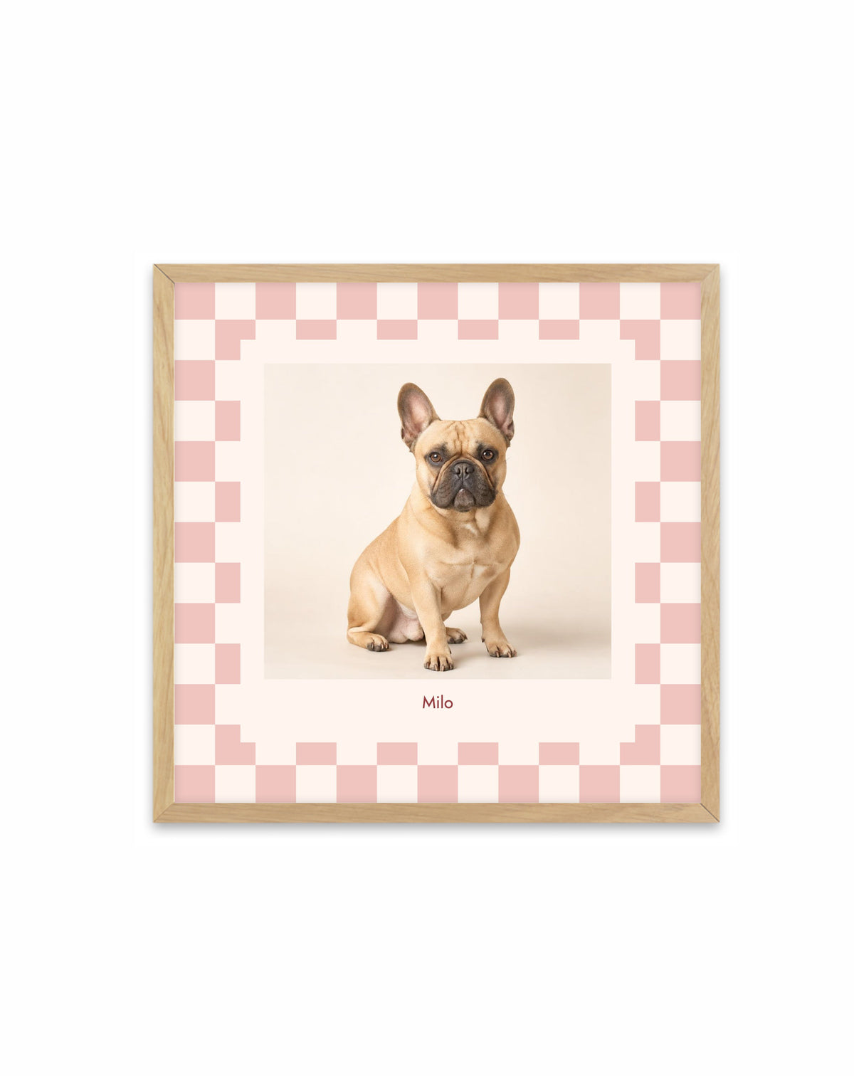 Playful Check Pet Photo Print collection hero in the authentic Olive et Oriel acrylic frame with oak finish