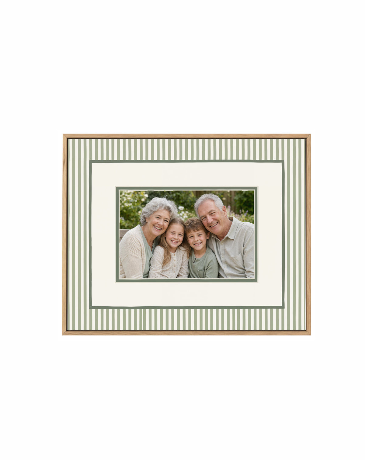 Sage Stripe custom photo framed canvas in a solid timber frame with oak finish