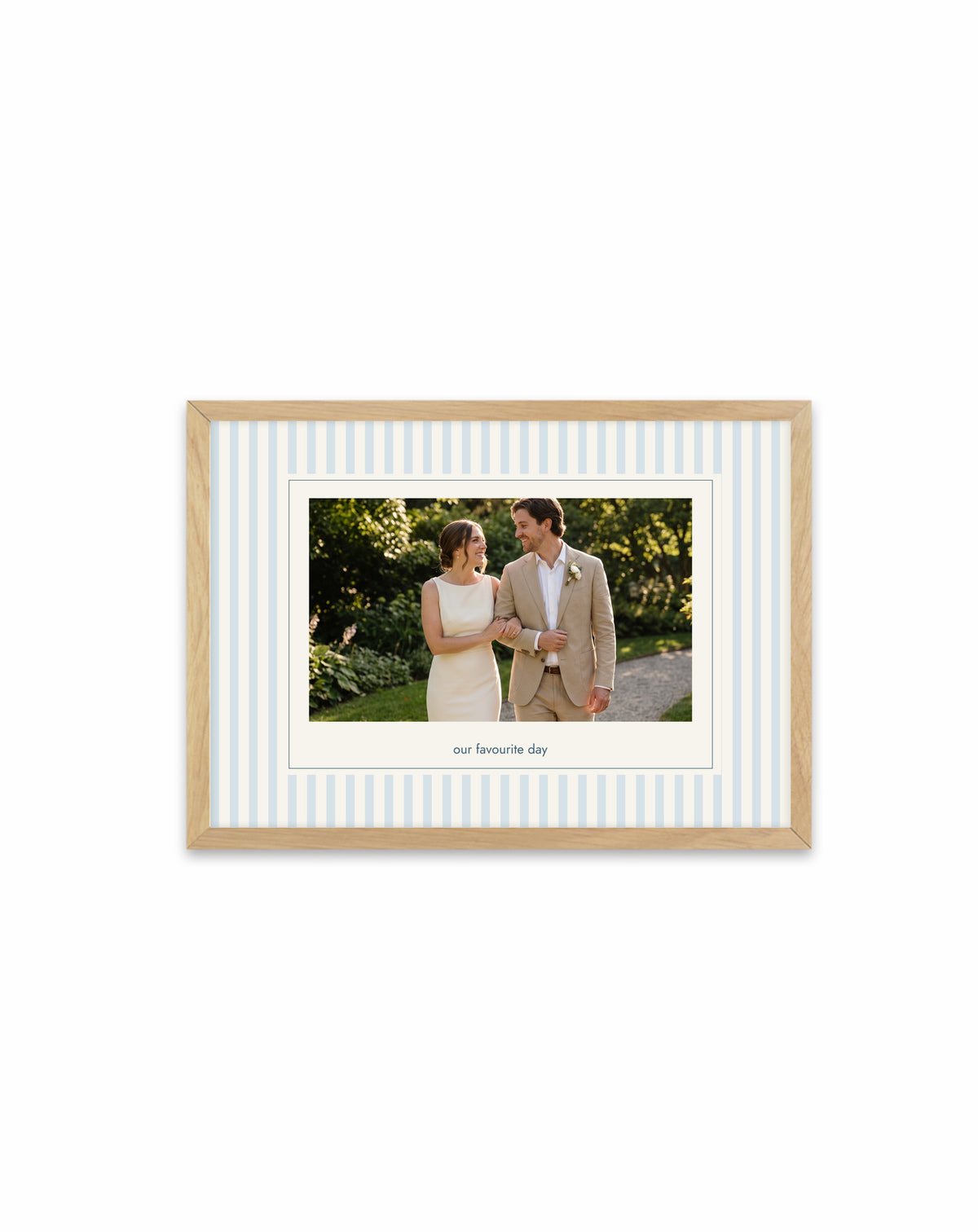 Sunday Stripes personalised photo print, correctly aligned in the Olive et Oriel acrylic frame with oak finish