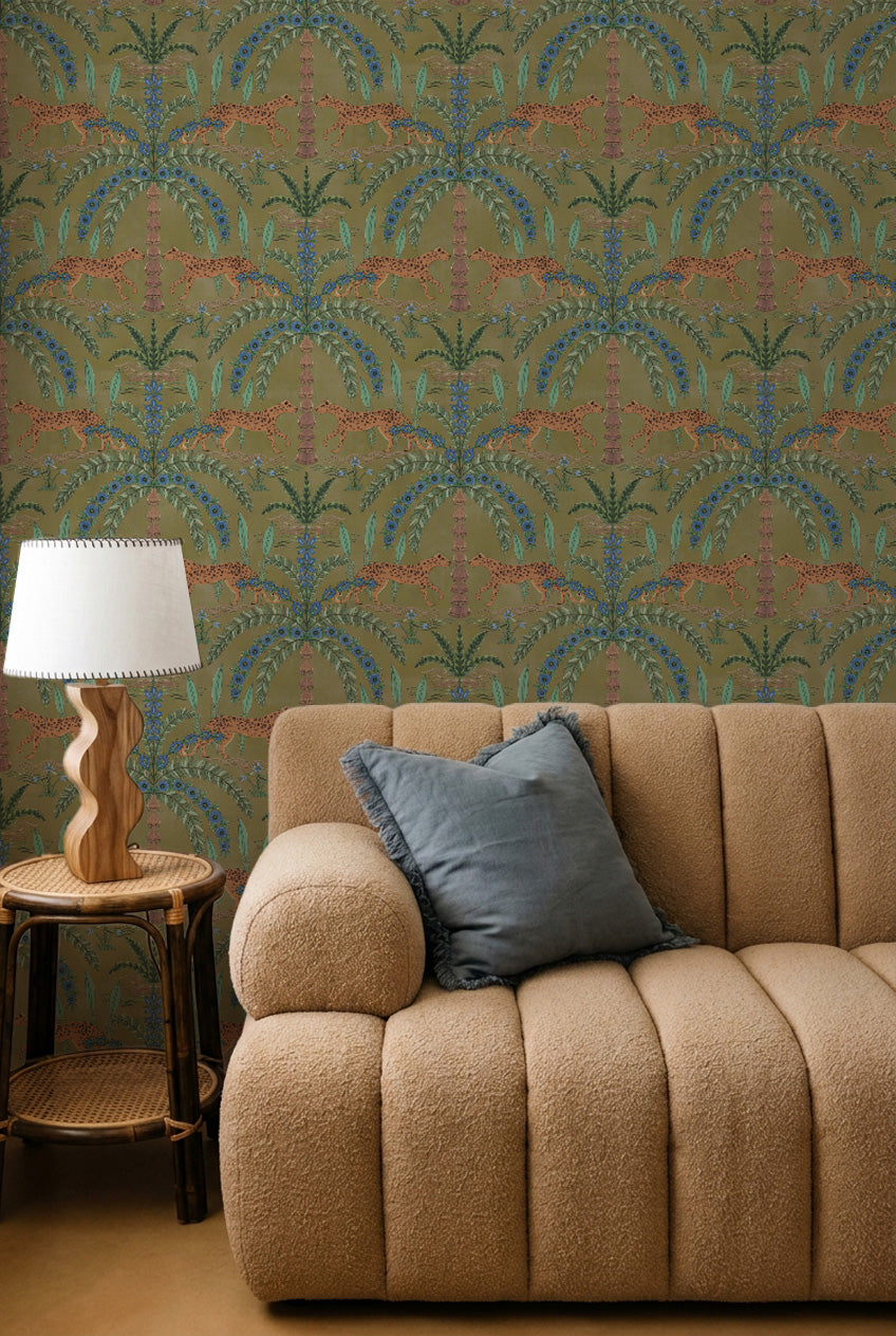 Boheme Cheetah in Olive Green Wallpaper