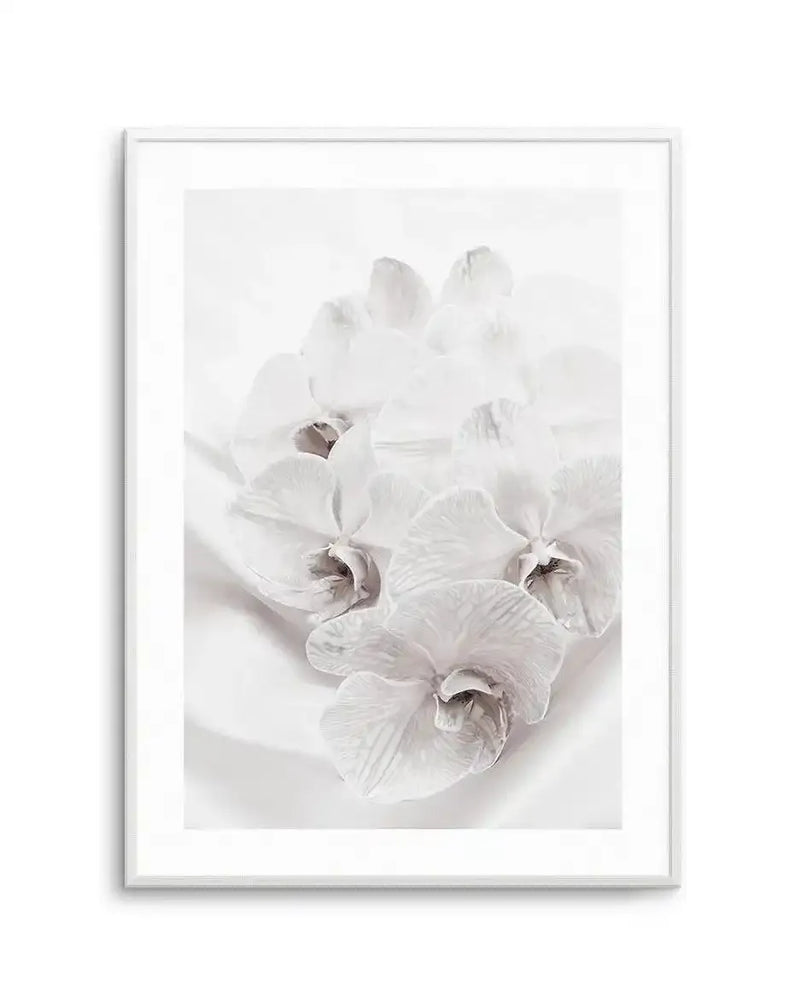 Framed art print featuring a close-up photograph of white orchid flowers with subtle gray and beige tones in their centers. Multiple delicate blooms are arranged vertically against a soft, blurred white background, creating a minimalist, serene composition. The photograph has a soft-focus quality emphasizing the fine details and textures of the petals. The print is mounted with a white border in a light gray frame.