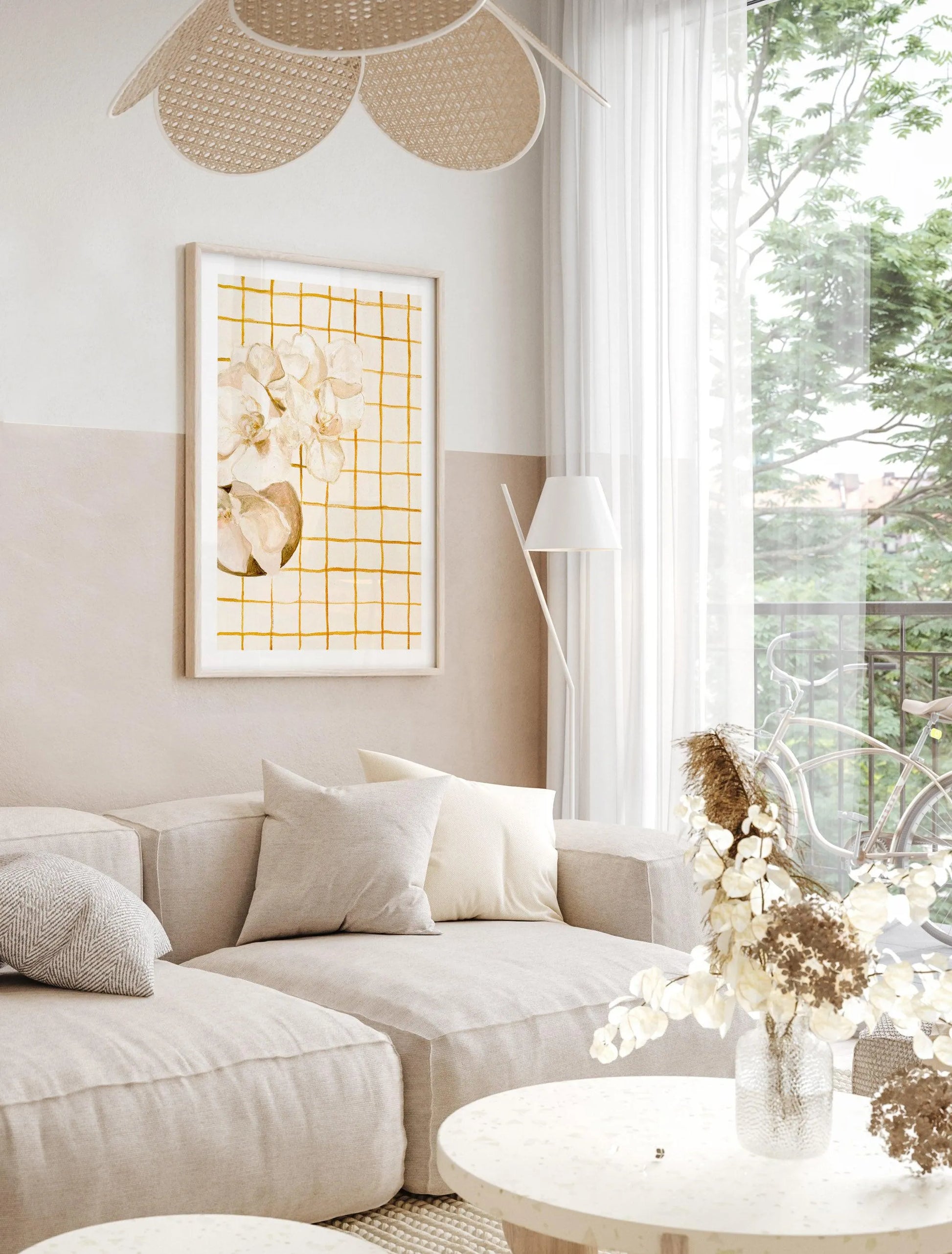 Orchids on Orange Checks by Natalie Jane Art Print from Olive et Oriel where you can shop wallpaper and artworks online