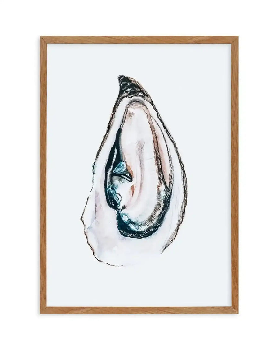 Watercolour art print featuring a single oyster shell with an open, exposed interior in shades of white, pale blue, and earthy brown, with dark outlines, printed on fine art paper and displayed in a natural oak frame with white border.