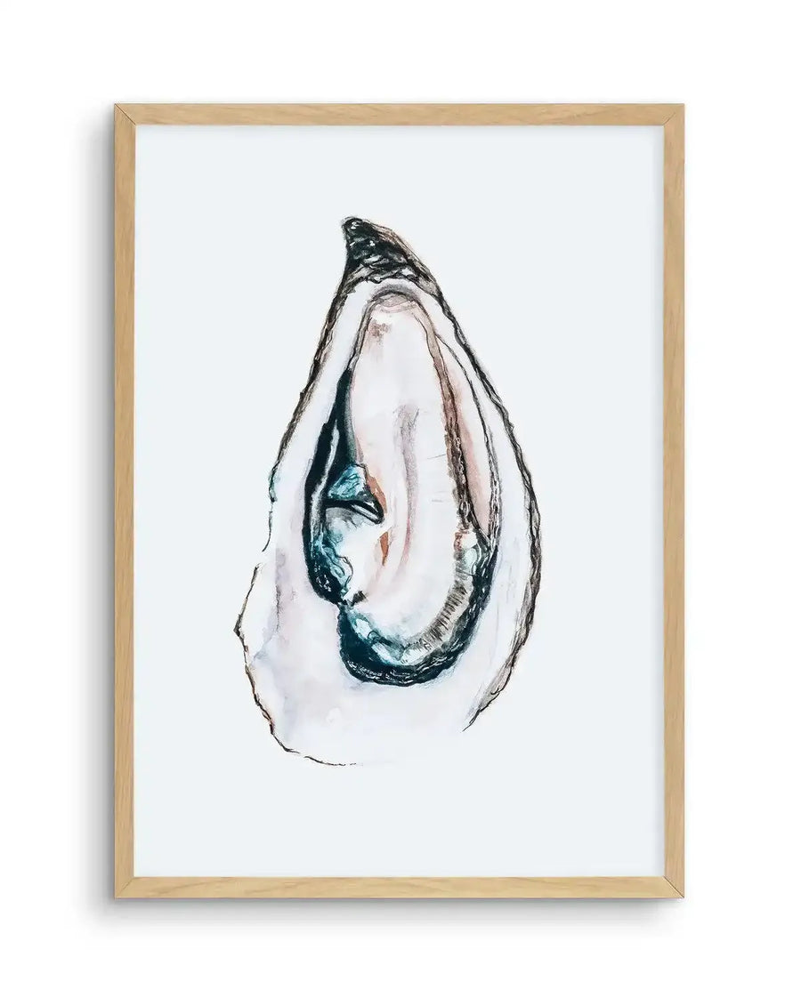 Watercolour art print featuring a single oyster shell with an open interior, showcasing iridescent blues, greens, and soft pinks, with dark outlines and visible brushstrokes, displayed in a natural oak frame with white border.