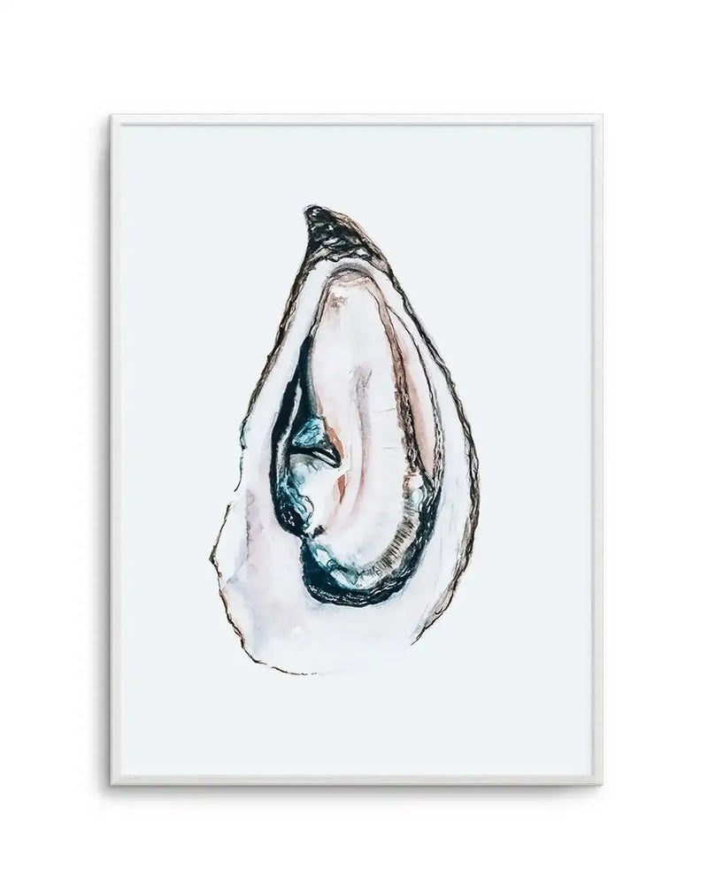 Watercolour art print featuring a single open oyster shell with iridescent white and pale pink interior, and dark teal and black accents, on a clean white background, displayed in a white frame with white border.