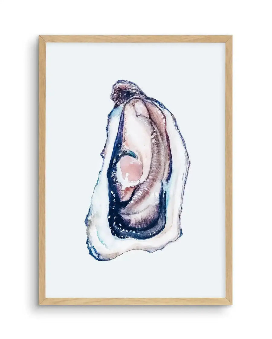 Watercolour art print featuring a single oyster shell in shades of deep indigo, purple, and pale pink on a white background, displayed in a natural oak frame with white border.