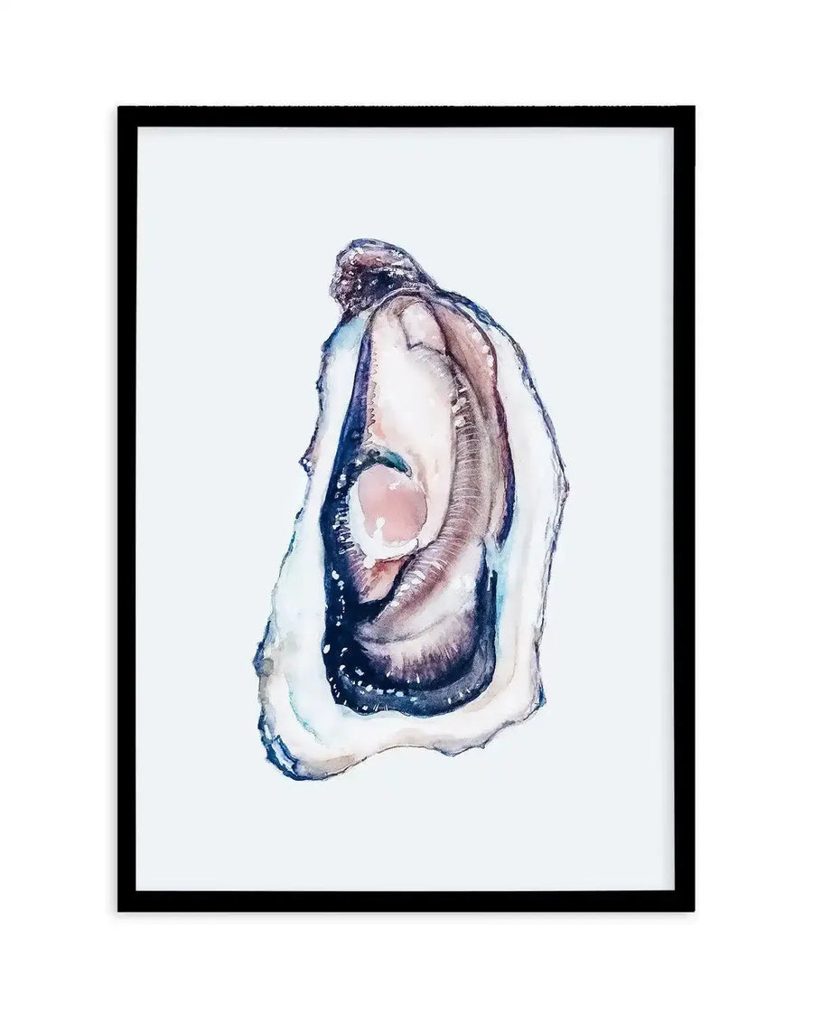 Watercolour art print featuring a detailed oyster in shades of deep blue, purple, and brown, with a soft pink interior, on a clean white background, displayed in a black frame with white border.