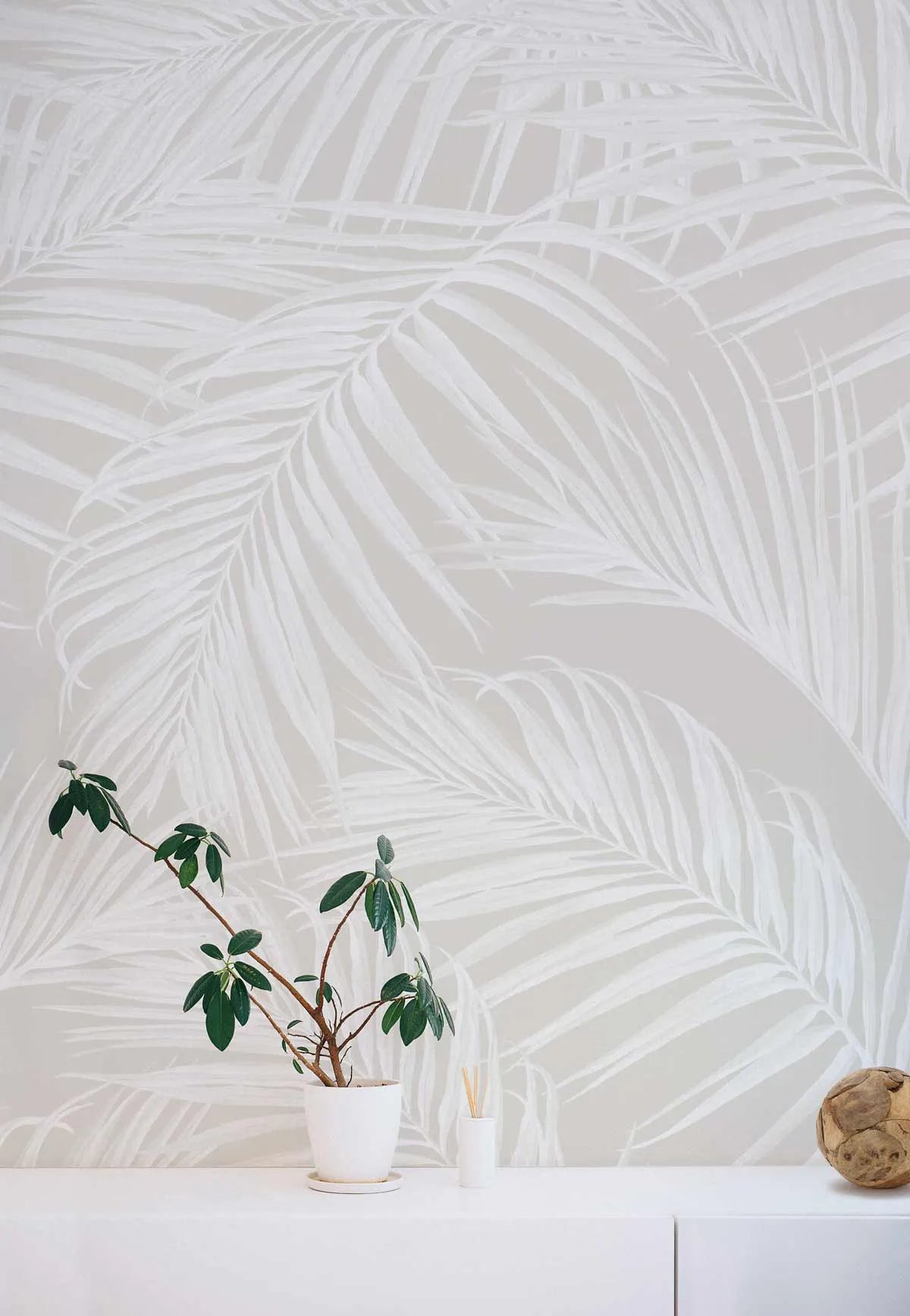 Palm Escape Cream & Beige Wallpaper from Olive et Oriel where you can shop wallpaper and artworks online